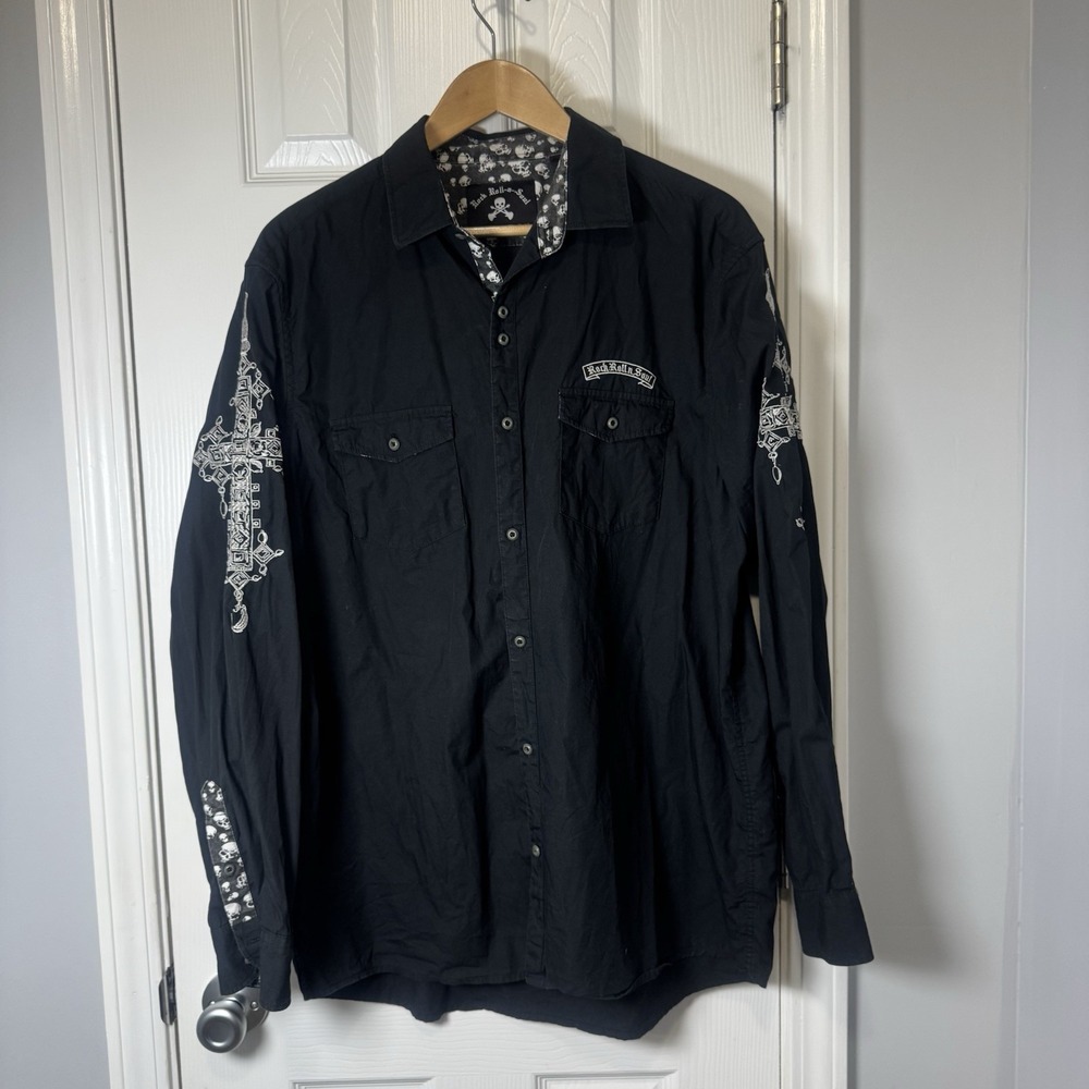 Rock Roll n Soul Graphic Button Up Shirt Mens XL Black Skull Guitar Embroidered